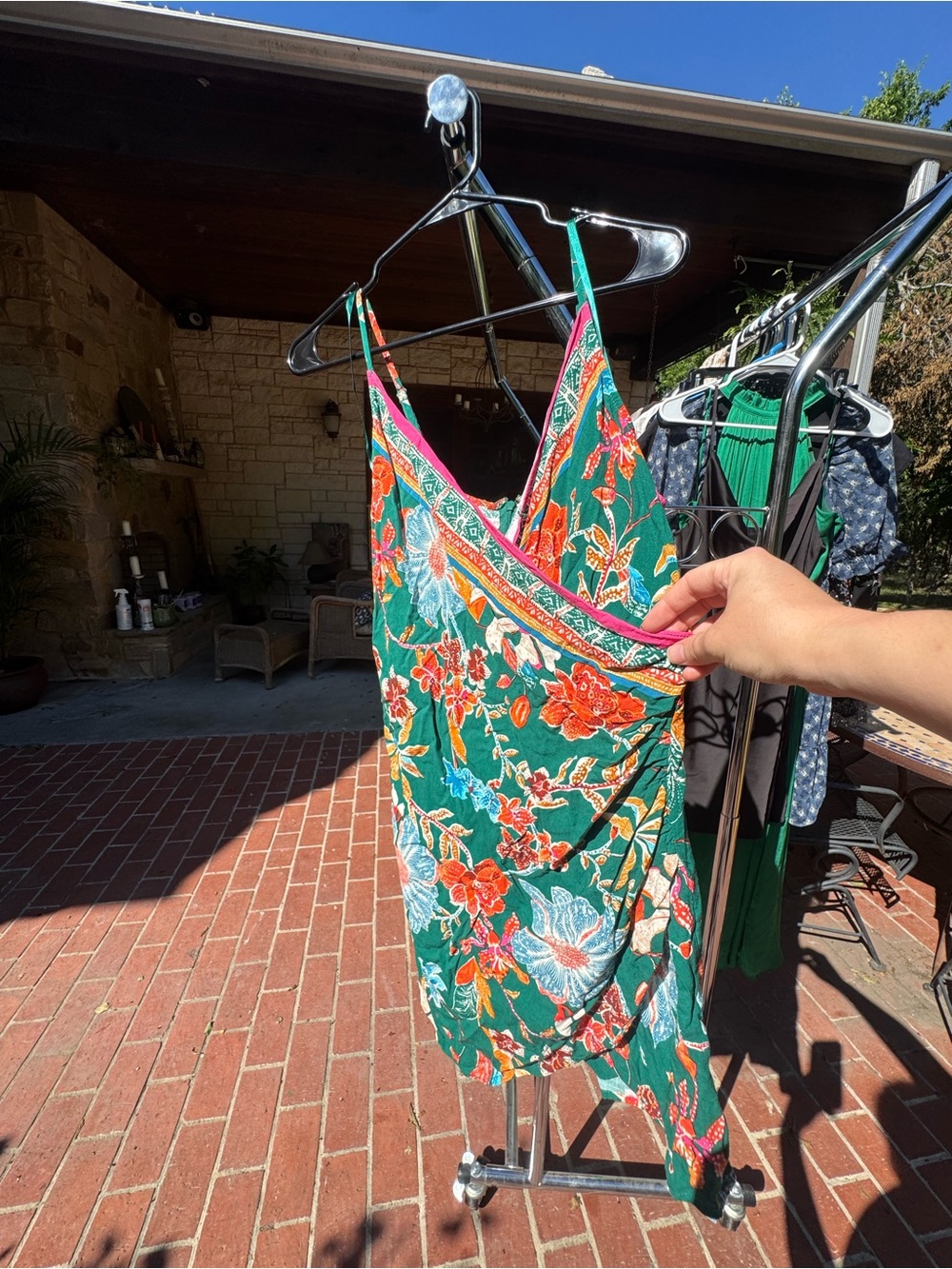 Urban Outfitters Green Floral Mini Dress with Pink Trim